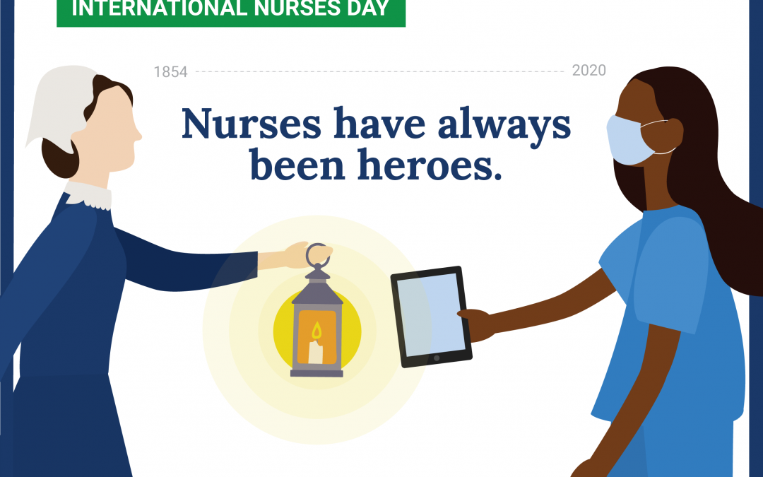 International Nurses Day. Illustration of Florence Nightingale and a modern nurse.